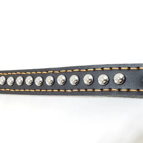 Leather Dog Collar with Single Line of Silver Chrome Buttons - Black - Medium