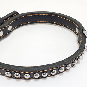 Leather Dog Collar with Single Line of Silver Chrome Buttons - Black - Medium