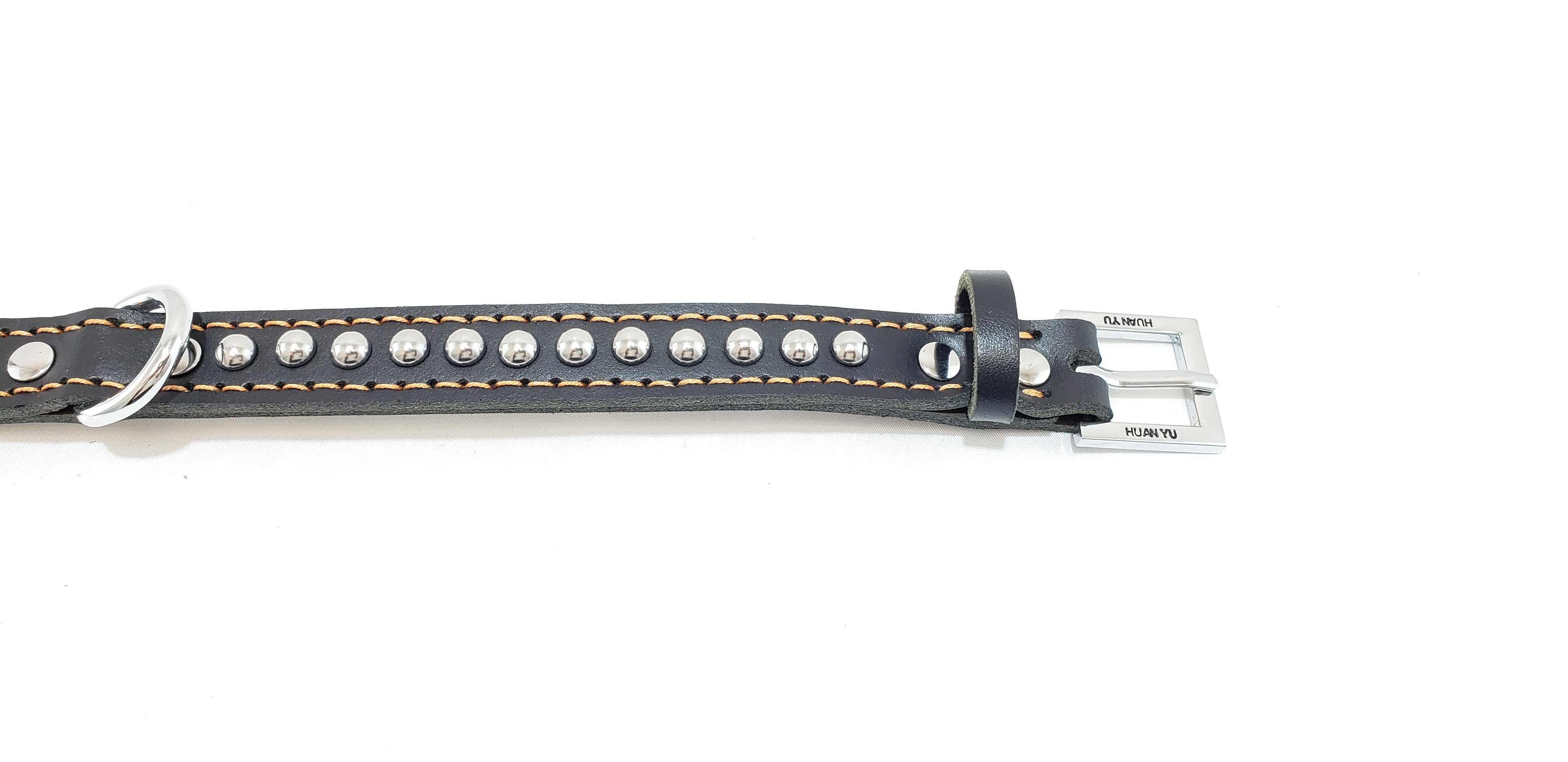 Leather Dog Collar with Single Line of Silver Chrome Buttons