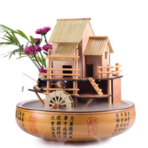 10" Bamboo House Fountain with Decorative Pot, Plant Holder, Fisherman Figurine, and Quiet One 100 Pump